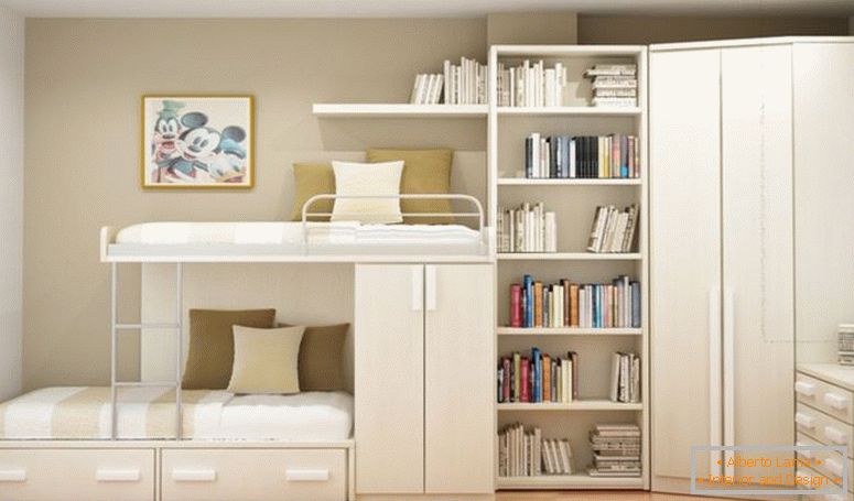 bianco-legno-letto a castello-con-stoccaggio-anche-cassetti-unita-con-libri-mensole-e-corner-guardaroba-on-the-angolo-di-crema-wall-room