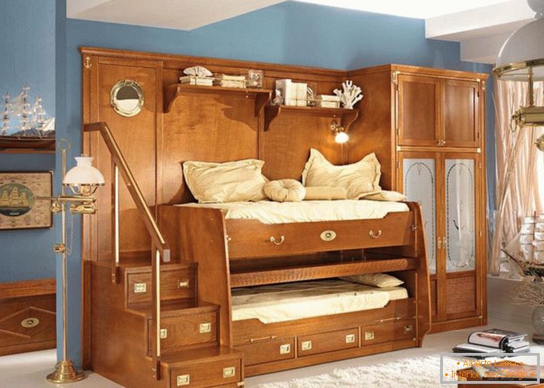 impressionante-kids-boy-camera da letto-mobili-design-showing-unico-marrone-rovere-letti a castello-con--e-alcuni cassetti-plus-inossidabile-acciaio-corrimano-scale combinato-alto-armadio