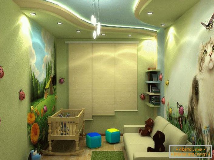 Design luminoso di una stanza per bambini con disegni colorati come un ragazzo e una ragazza. 