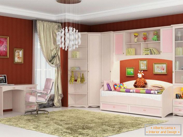 Una sala elegante per una giovane fashionista. I mobili modulari per bambini sono realizzati in colore rosa e bianco: ciò di cui hai bisogno per una ragazza.