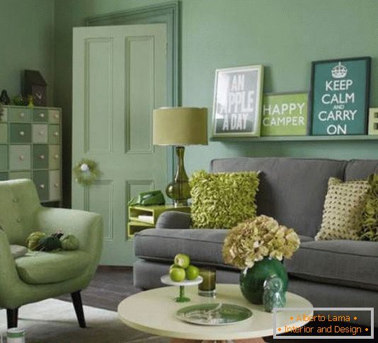 Elegante soggiorno in verde e grigio