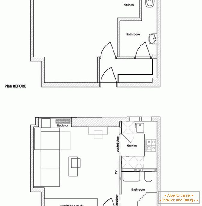 Piano di un piccolo appartamento prima e dopo la riparazione