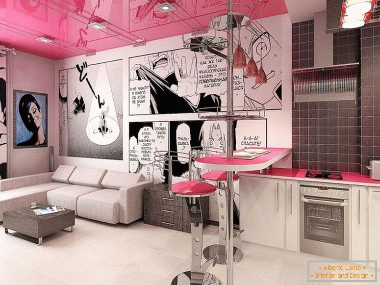 Soffitto rosa negli interni nello stile della pop art