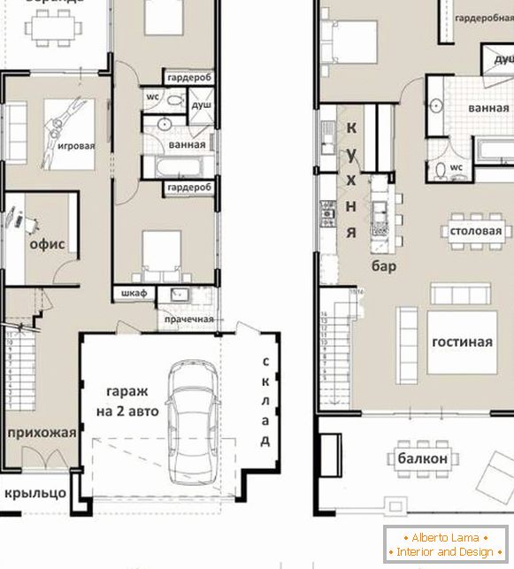 Varianti di secondo piano in una casa privata - un progetto con una cucina soggiorno e una camera da letto