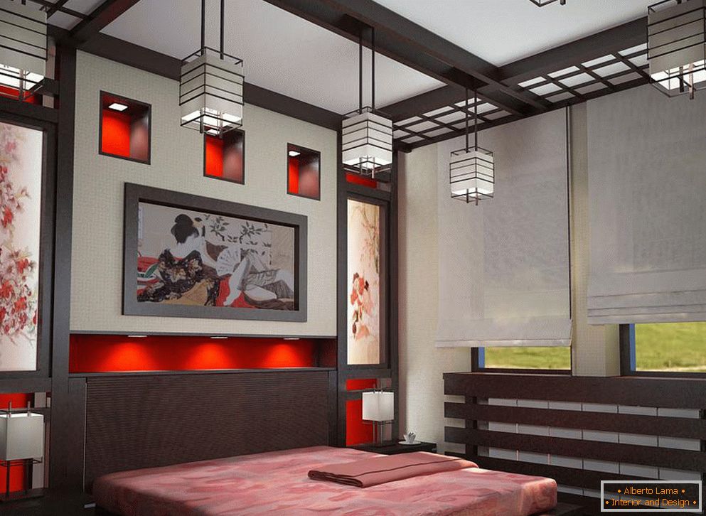 Infissi e lampadari in una camera da letto in stile giapponese