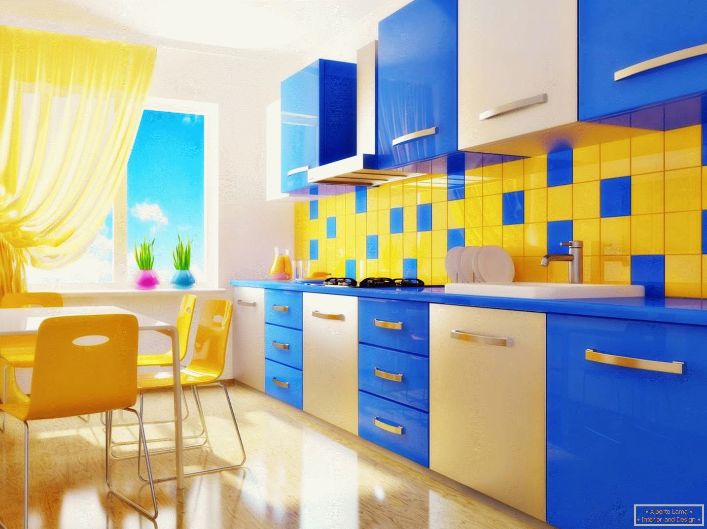 Cucina blu e gialla