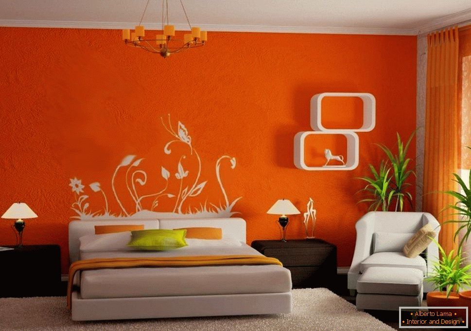 La combinazione di pareti arancioni e mobili bianchi