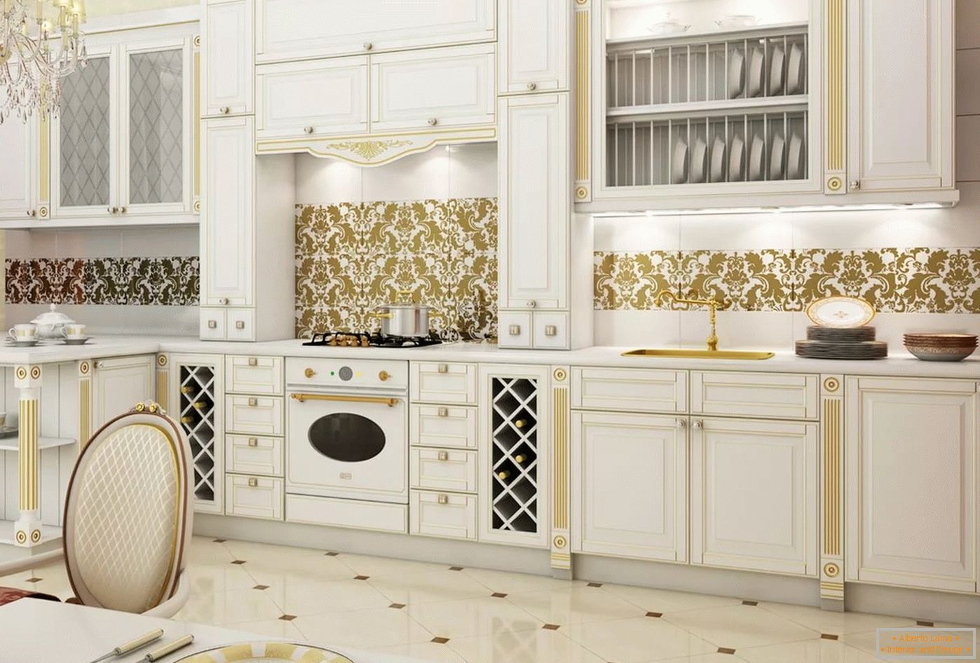 Bianco e oro negli interni e design della cucina