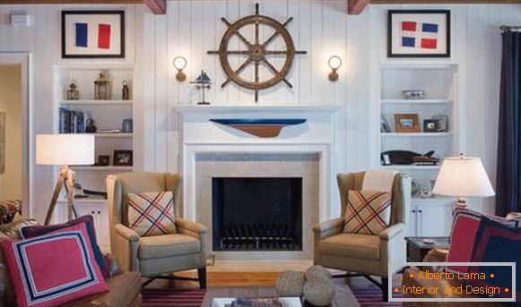 Design di un soggiorno in stile marino e colori