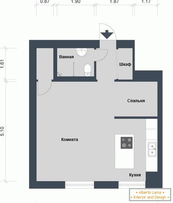 Disposizione dell'appartamento 42 metri quadrati. m.
