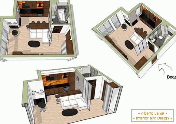 Il piano di un piccolo appartamento di 34 metri quadrati. m.