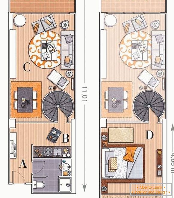 La disposizione di un appartamento a due piani