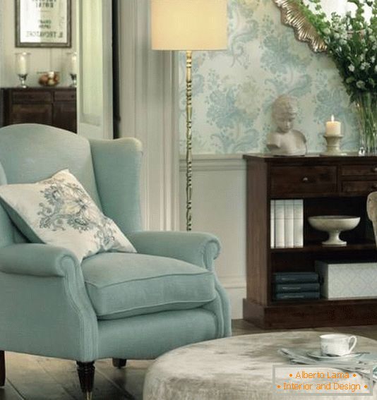 Design del soggiorno in colore celeste
