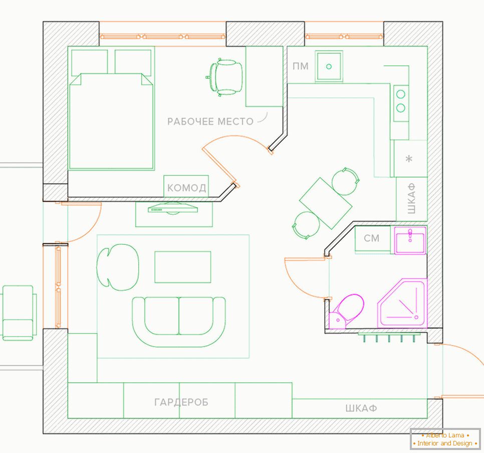 Rimodellamento di un monolocale in un appartamento con una camera da letto