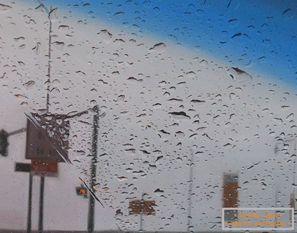 Vista dalla macchina sotto la pioggia, pittura a olio