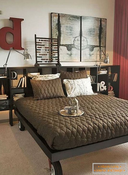 Design della camera da letto insolito con scaffali eleganti