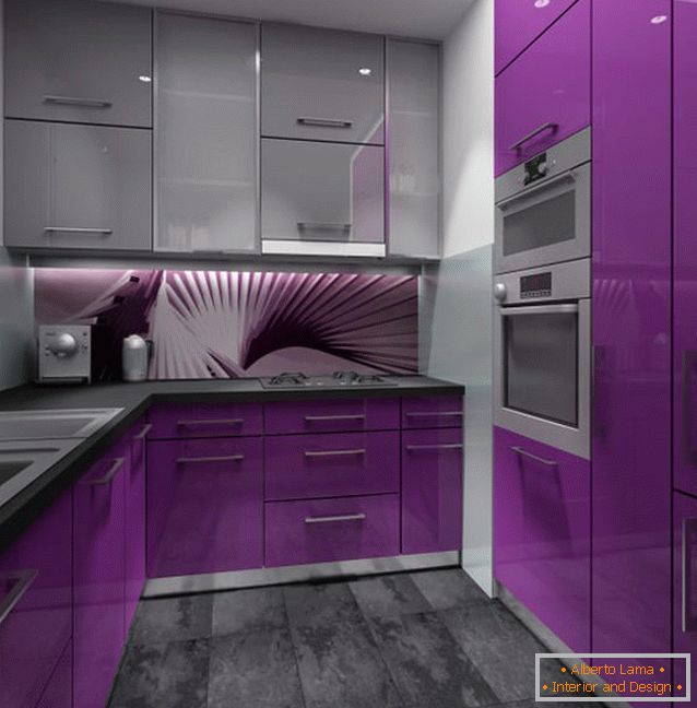 Design raffinato di una piccola cucina viola