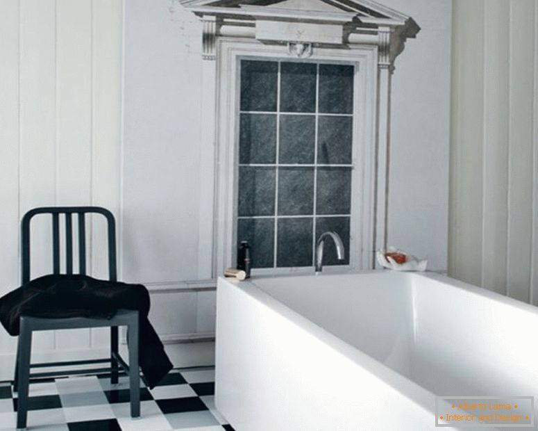 black-and-white-traditional-interior-bagnoroom-design-white-corian-square-bagnotub-black-and-white-floor-tile-vintage-plastic-stool-white-wood-frame-window-black-and-white-bagnoroom-ideas-interior-bagno
