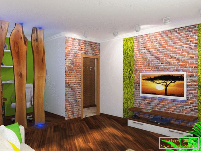 La muratura è vantaggiosamente combinata con la decorazione in legno del soggiorno.