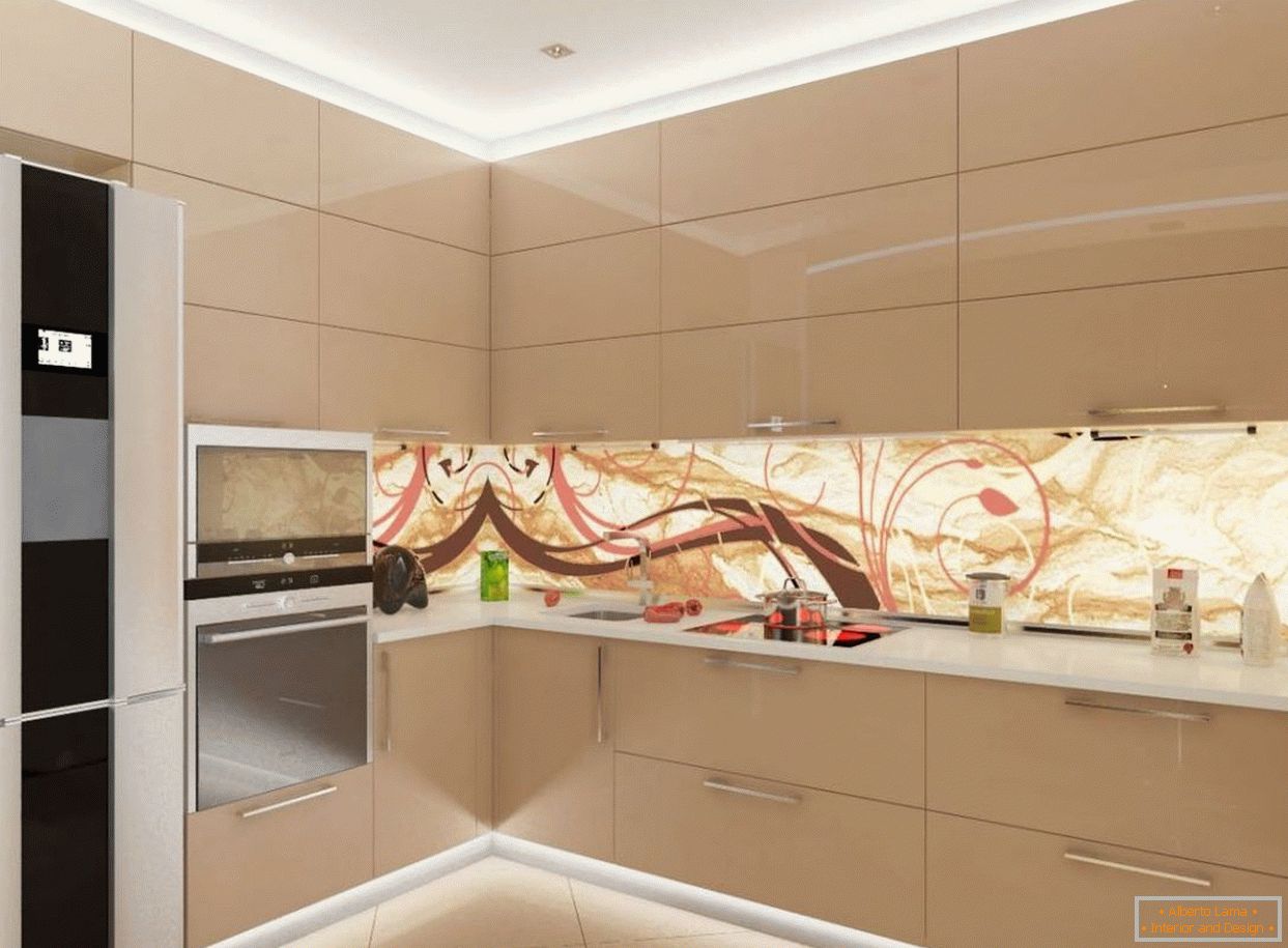 soffitto с подсветкой на кухне с мебелью цвета капучино