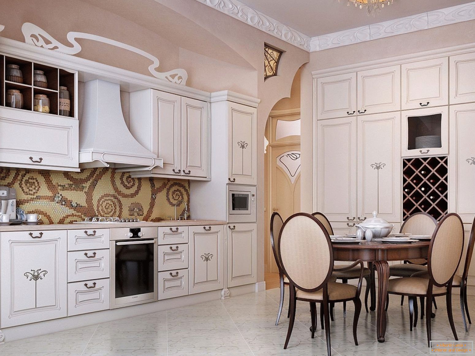 Decor di una grande cucina in stile Art Nouveau