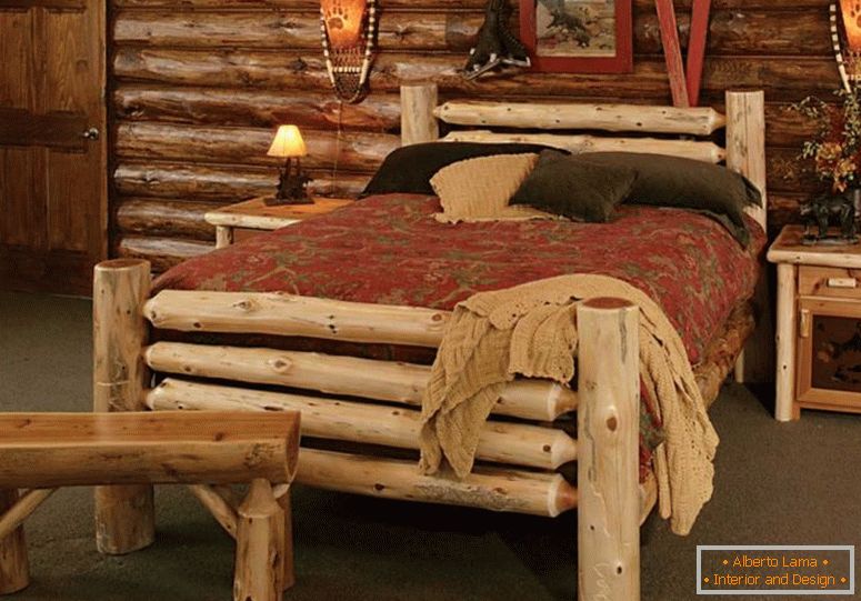 Paese-rustico-country-rustico-in-mobili in stile-uso-naturale-log-alberi-look-a-letto di-e-panca-anche-comodino-e-wall-interior-decorazione