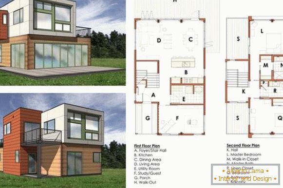 Progetto di una casa privata a due piani con disegni di stanze