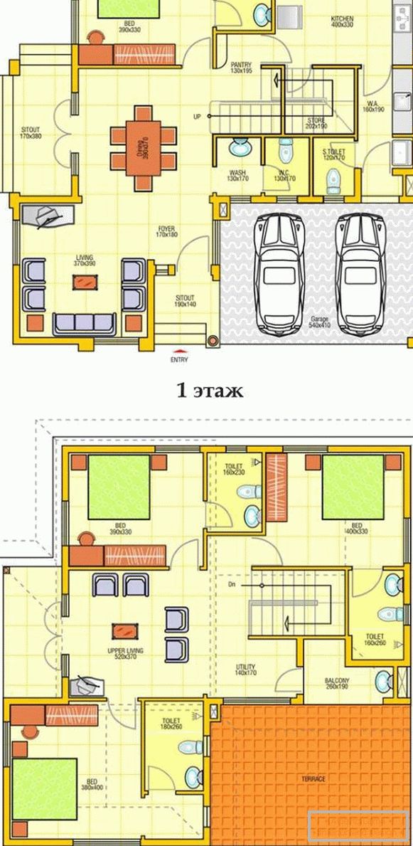 Il piano di una casa privata a due piani con un garage