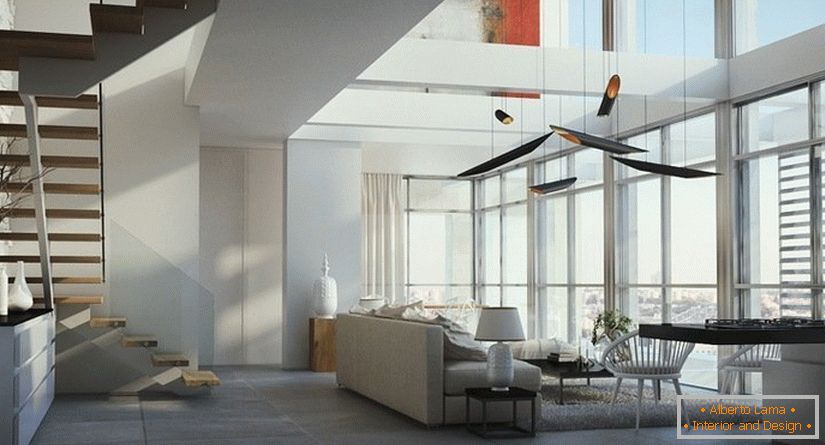 Grandi finestre - una delle caratteristiche del design di un appartamento a due livelli