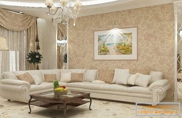 Design classico del soggiorno in una casa privata nei colori bianco e beige