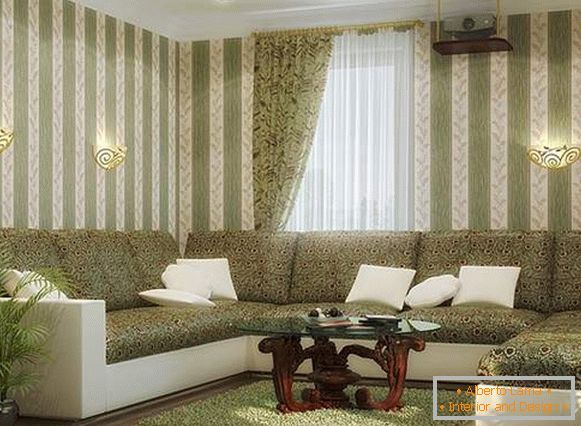 Il design del soggiorno in una casa privata nei colori bianco e verde