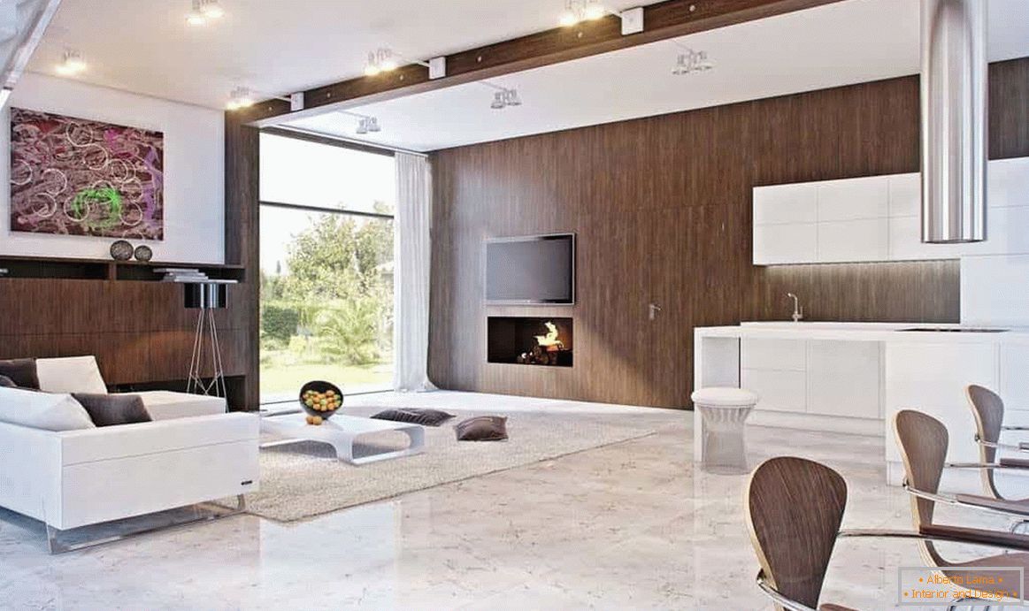 Il soggiorno può essere decorato in stile moderno e in una casa di legno