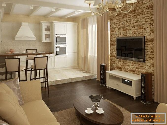 Zonizzazione del soggiorno con diversa decorazione del pavimento e delle pareti