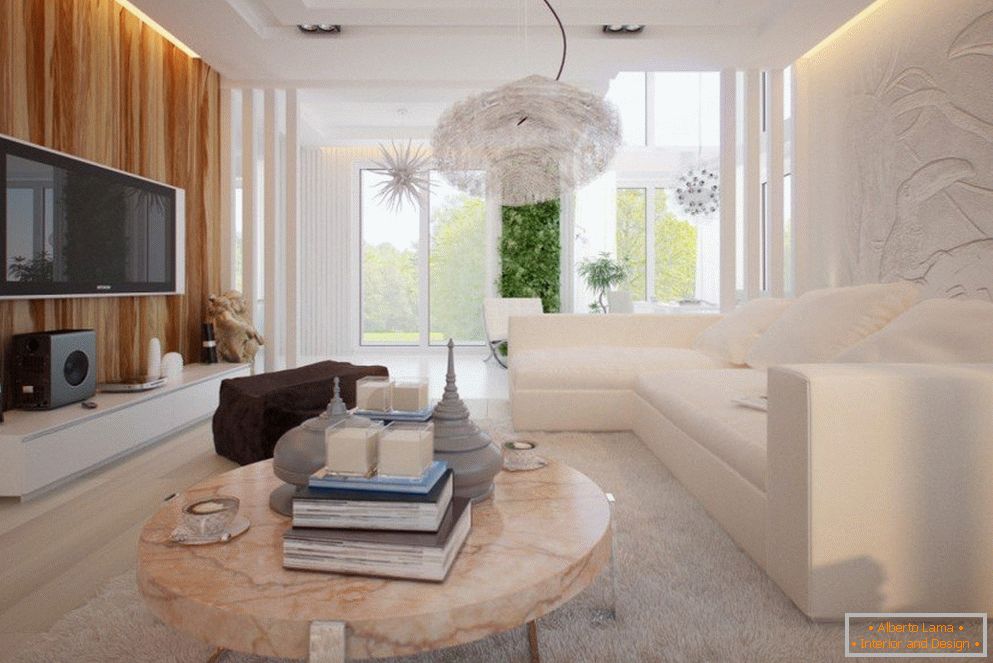 Colori chiari all'interno del soggiorno nello stile del minimalismo
