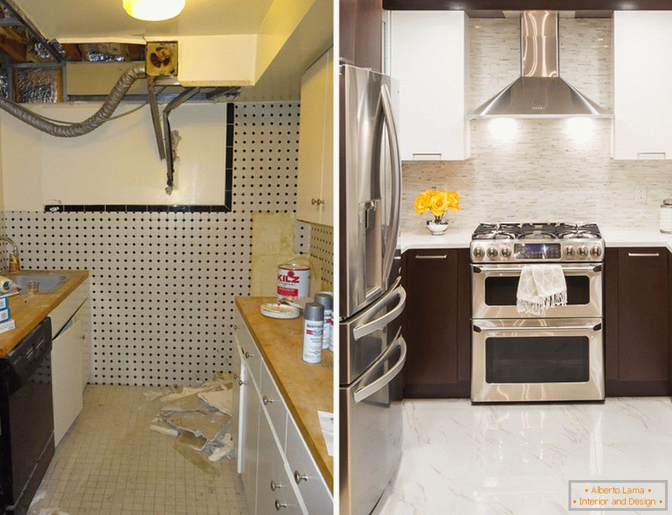 Interior design di piccola cucina prima e dopo la riparazione