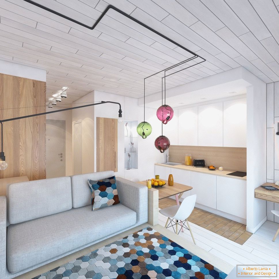 Interior design di un piccolo appartamento con accenti luminosi
