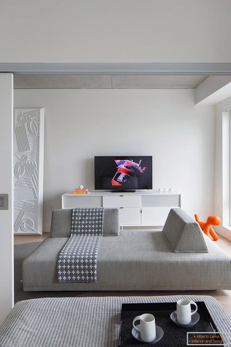Interior design di un piccolo appartamento in toni di grigio