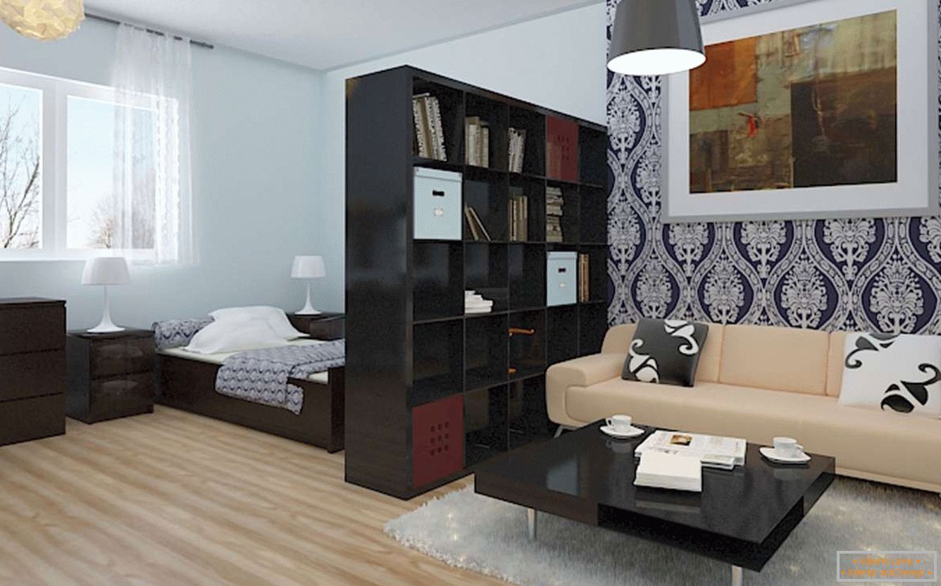 Foto di un interno di una camera da letto e un salotto in un appartamento con 1 camera