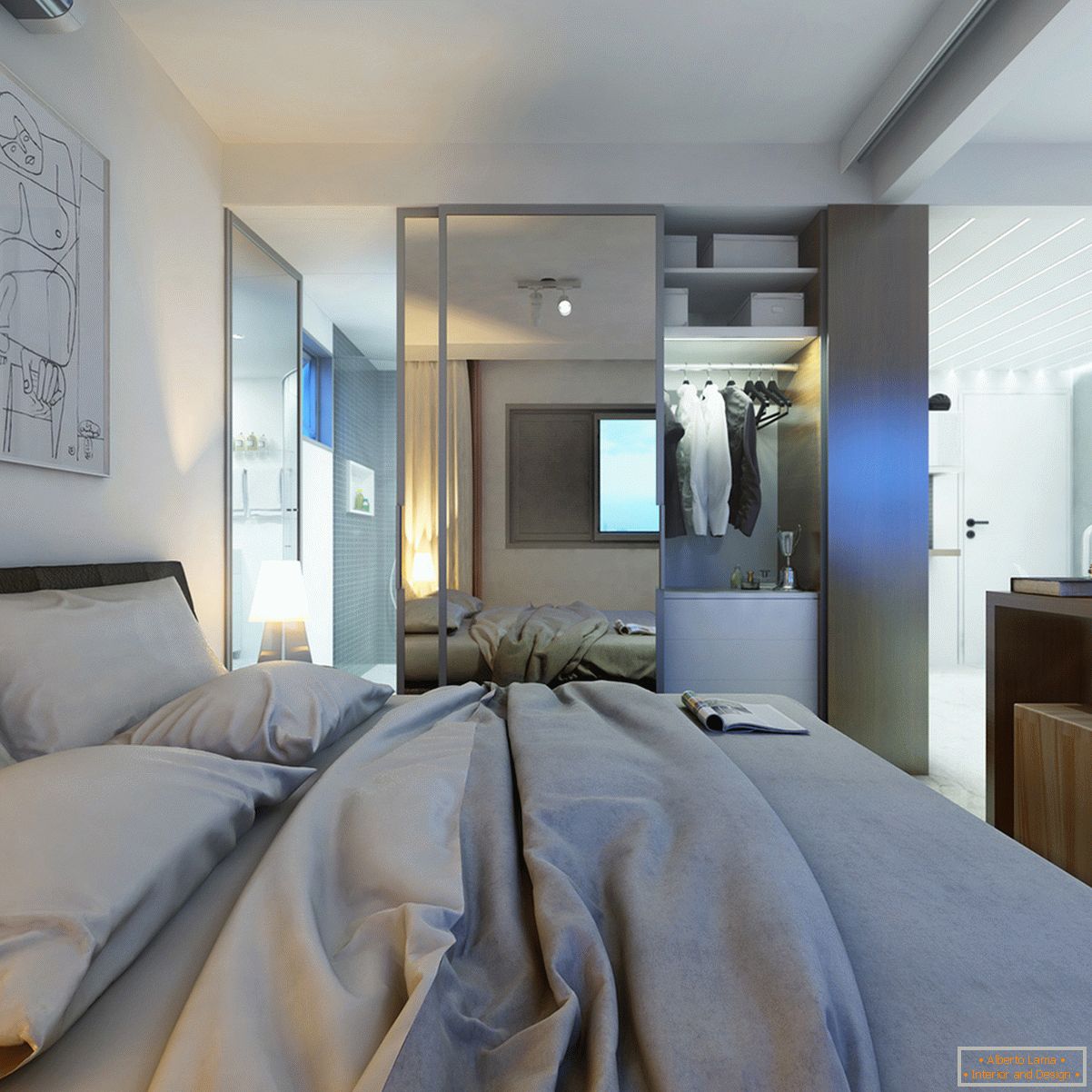 Progettazione di una piccola camera da letto in colori pastello