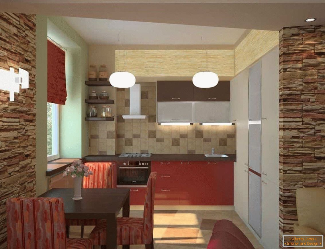 Pietra artificiale nella decorazione delle pareti del soggiorno in combinazione con la cucina di Krusciov