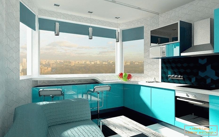 Design della cucina di design in una bacca con una vetrata con un bancone alla finestra