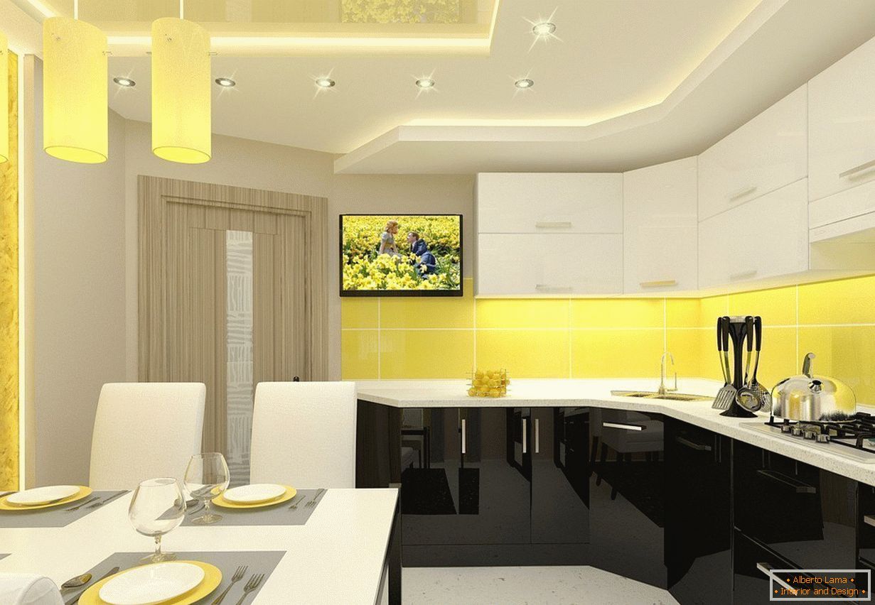 Interiore della cucina giallo-bianco nell'appartamento
