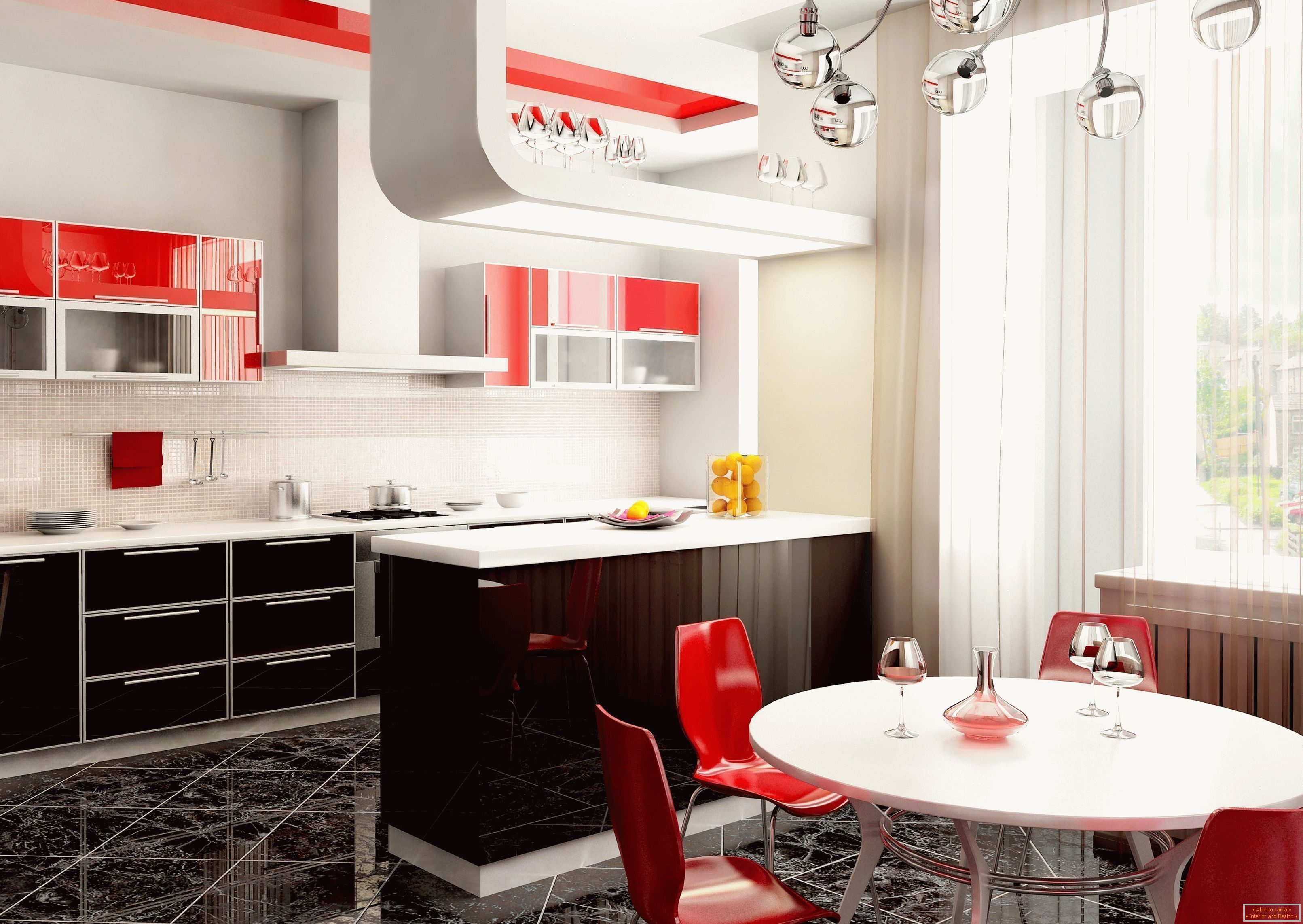 Luminoso interno della cucina in appartamento con accenti rossi