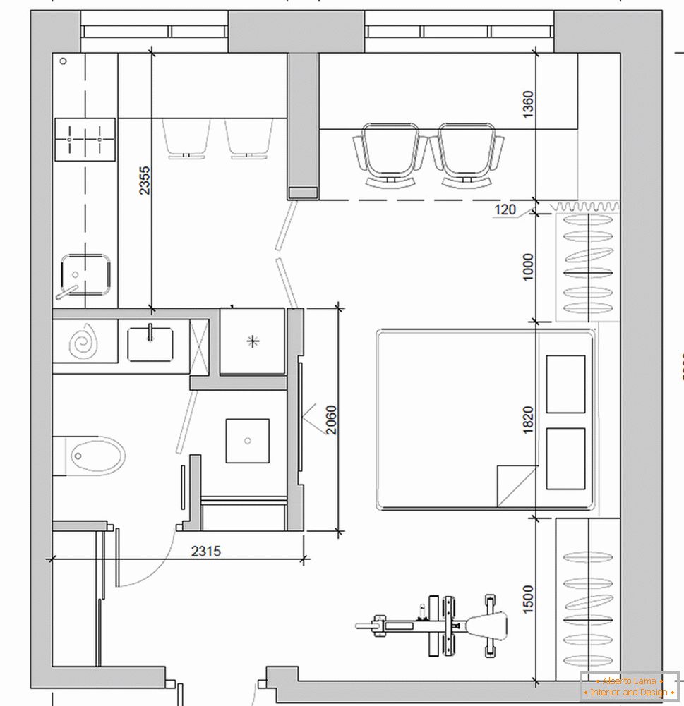 Disposizione dell'appartamento 30 metri quadrati. m in colori pastello