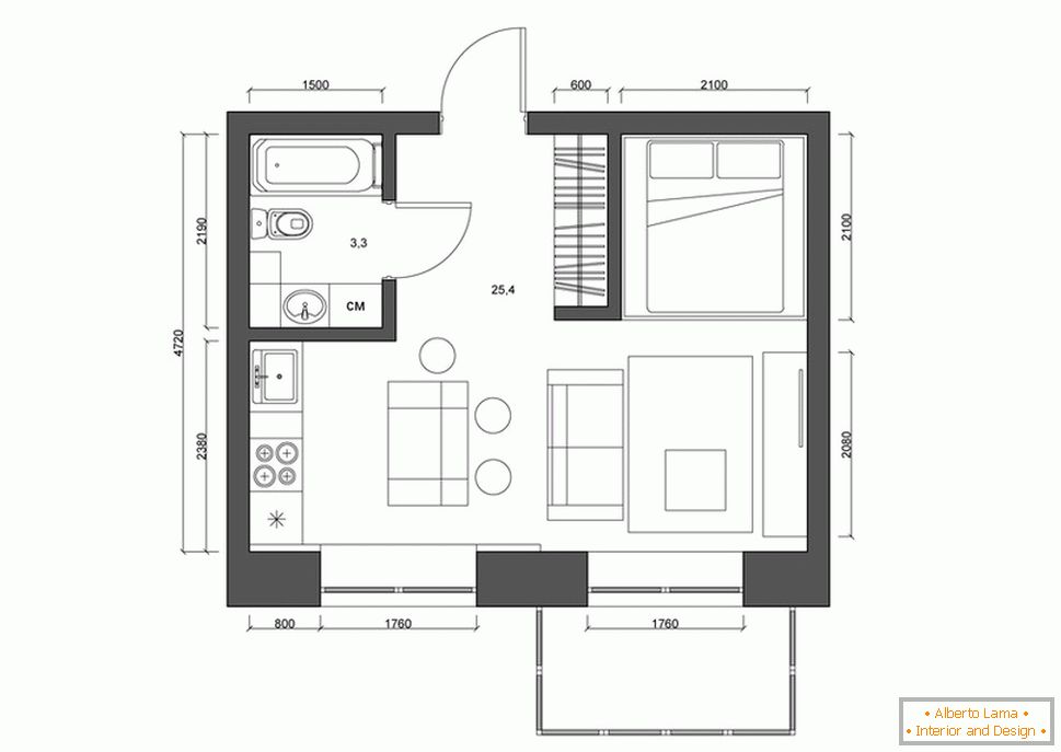 Disposizione dell'appartamento 30 metri quadrati. m in bianco e nero