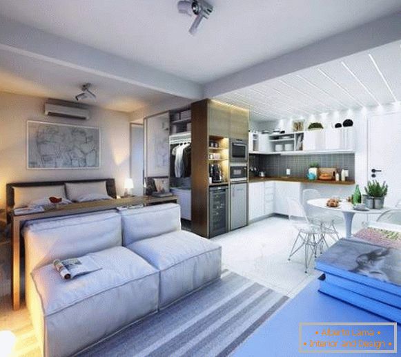 Idee per la progettazione di monolocali 30 mq - foto di soggiorno, camera da letto e cucina