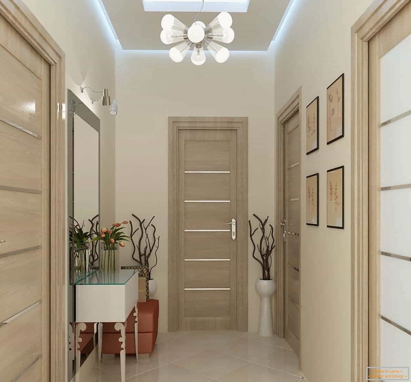 Corridoio luminoso, una combinazione di colori di pareti e porte