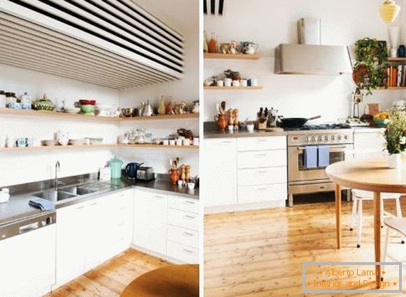 Design della cucina scandinava a Krusciov - nella foto con scaffali aperti
