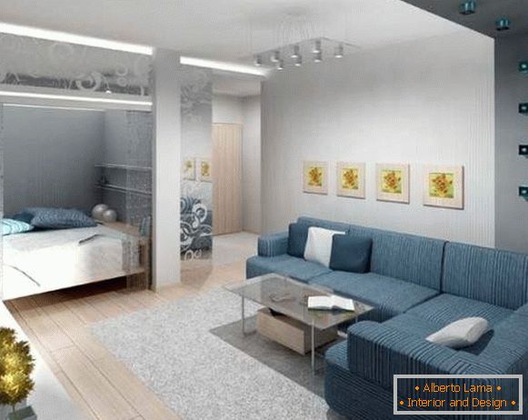 Design di un monolocale: diviso in due zone una camera da letto e una sala