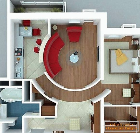 Progetto di design di appartamento con una camera da letto con camera da letto separata